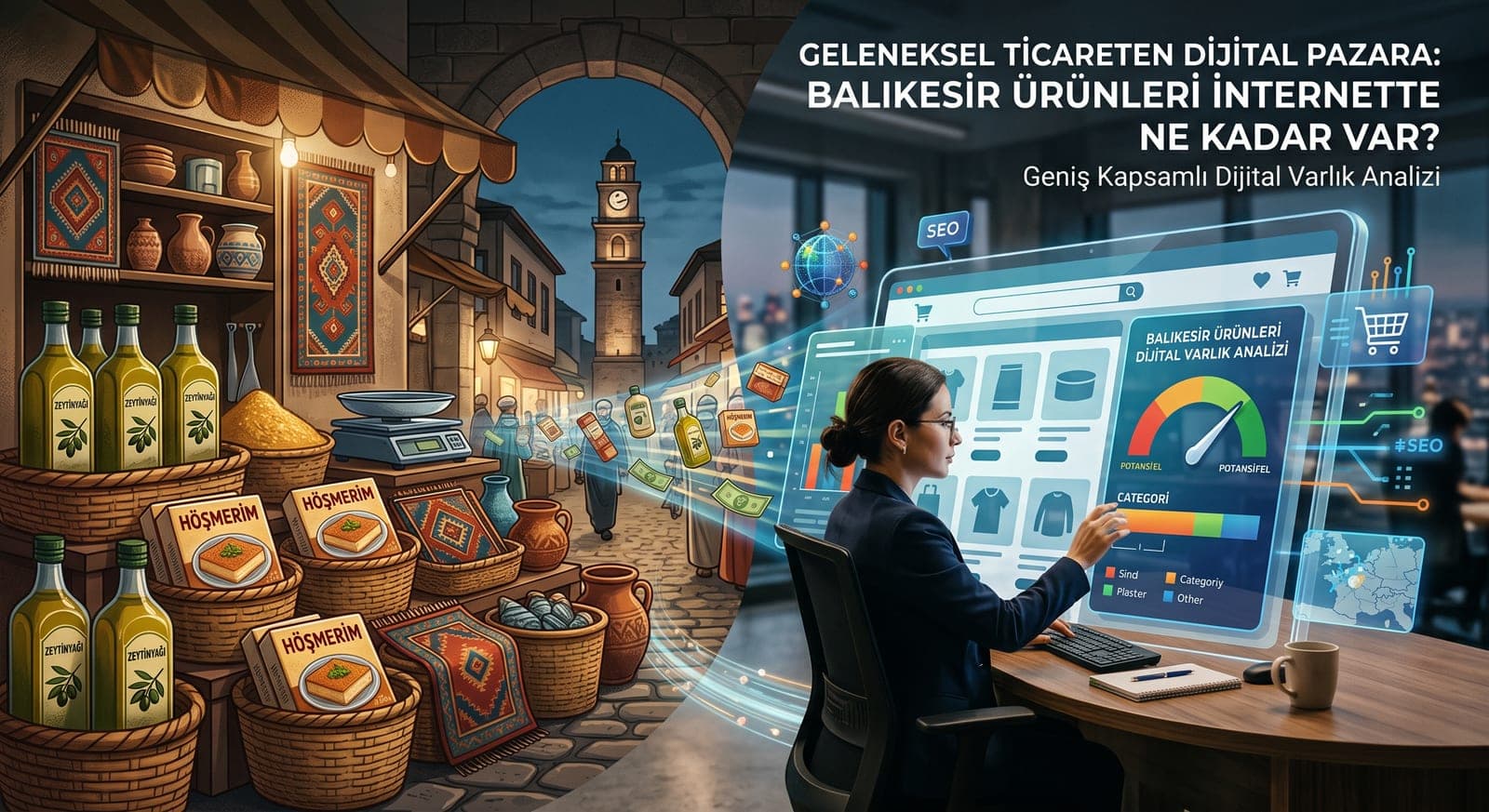 Geleneksel Balıkesir pazarından (zeytinyağı, hoşmerim, halı) dijital pazara geçişi simgeleyen kavramsal görsel