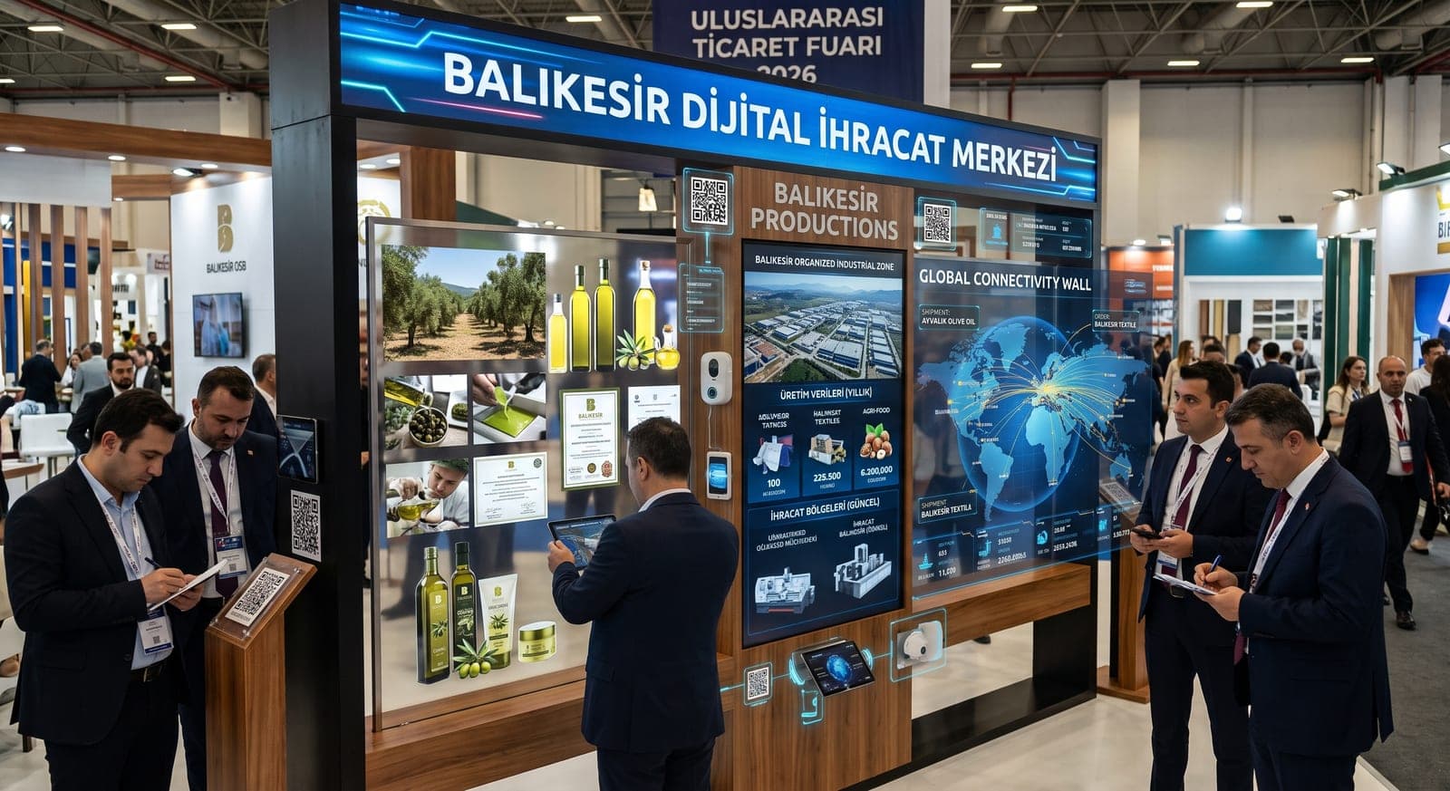 Balıkesir Dijital İhracat Merkezi standında dijital ekranlarla ihracat verilerini sergileyen fuar katılımcıları