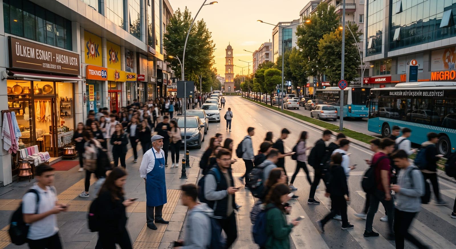 Balıkesir'de saat kulesi arka planda, telefonlarına bakarak zincir mağazaların önünden geçen üniversiteli öğrenciler ve dükkanının önünde bekleyen bir esnaf