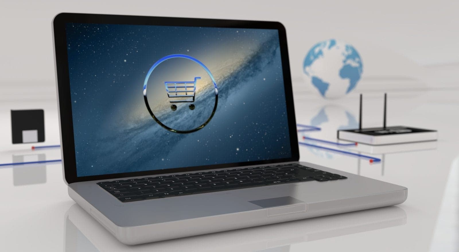 Laptop ekranında online alışveriş sepeti ve ödeme ikonları