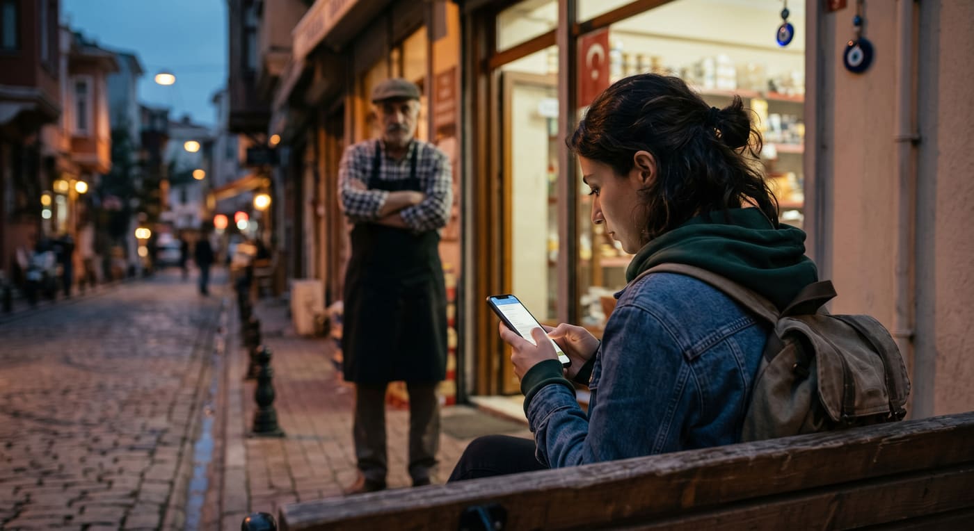 Dükkanının önünde duran bir esnaf ve telefonundan araştırma yapan genç bir öğrenci arasındaki dijital kopukluk