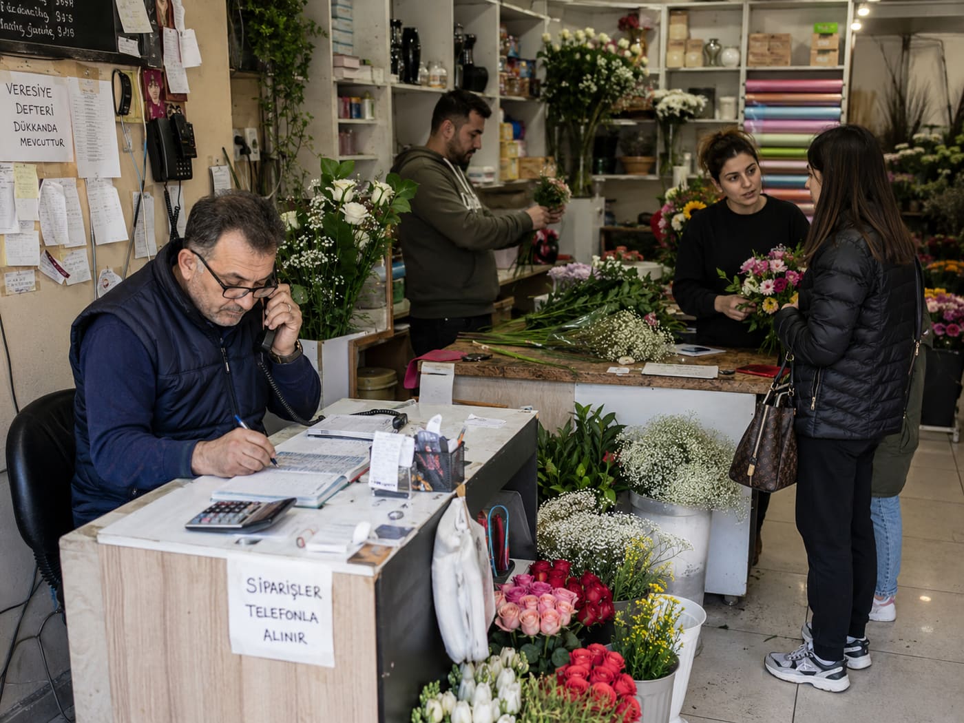 Siparişleri telefonla alan, veresiye defterini dükkanda tutan geleneksel bir esnaf