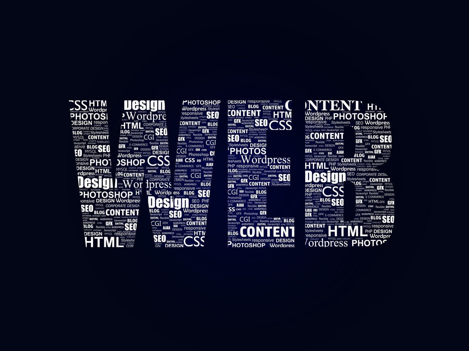 Koyu zeminde web ve SEO ile ilgili anahtar kelime bulutu